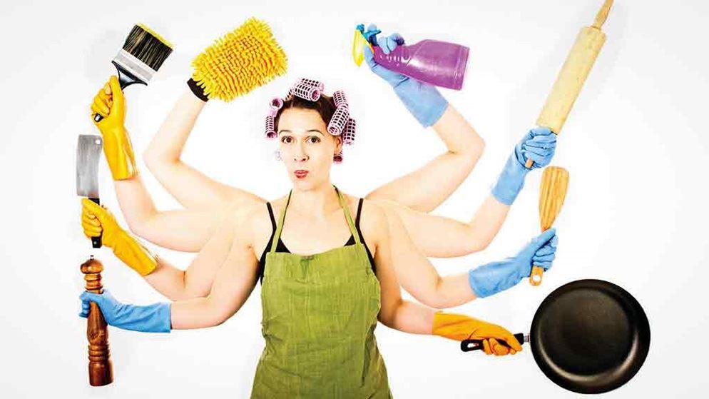 many-armed person holding objects associated with chores